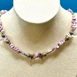 Orchid Puka Beads and Mother of Pearl Bird Liquid Silver Necklace